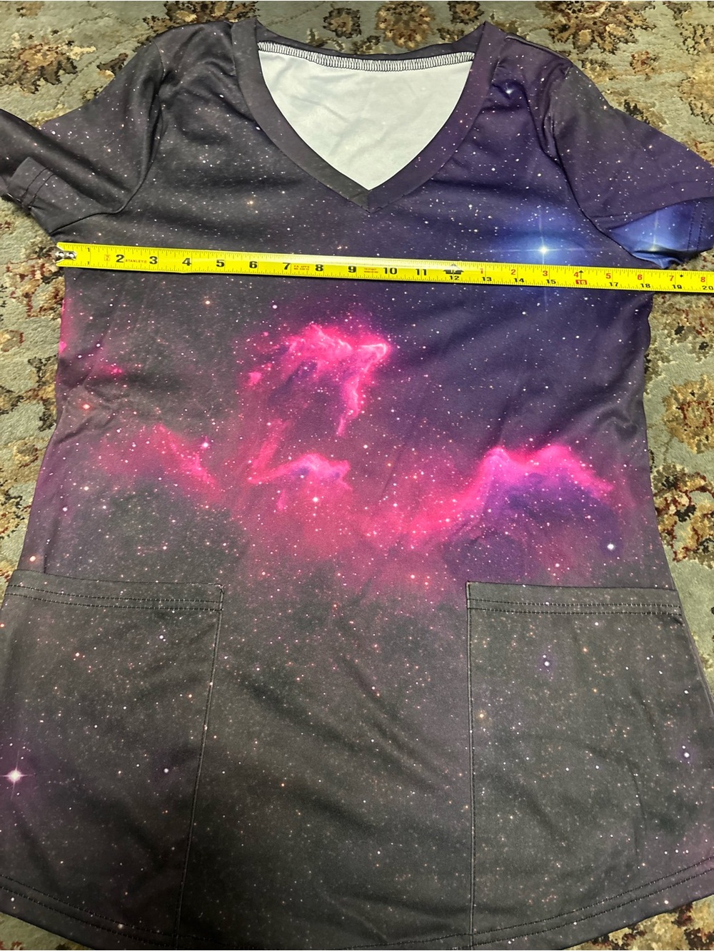 Galaxy Print V-Neck Scrub Top — Pink & Purple Nebula - Picture 2 of 3
